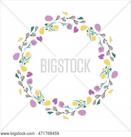Easter Wreath. Willow Buds, Flowers, Heart, Eggs. Doodle Vector Illustration. Design For Card, Bunne