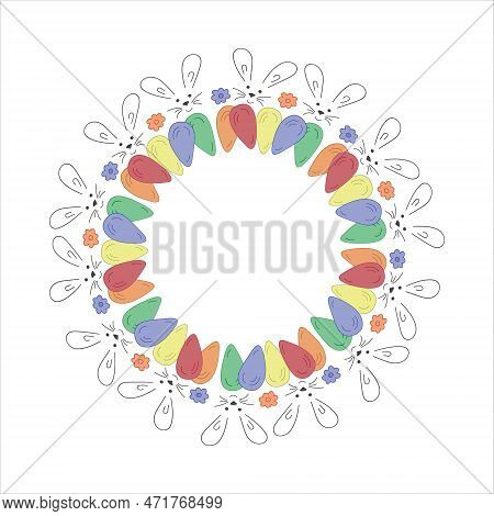 Easter Wreath. Rabbit, Flowers, Eggs. Doodle Vector Illustration. Happy Easter. Design For Card, Bun