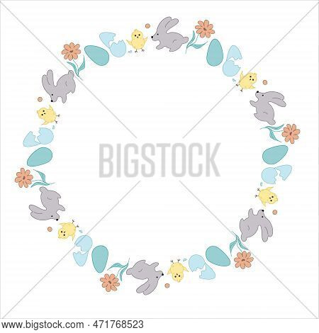 Easter Wreath. Rabbit, Flowers, Chicken, Eggs. Doodle Vector Illustration. Happy Easter. Design For