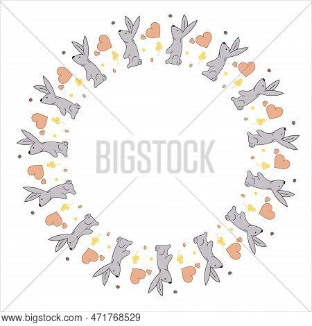Easter Wreath. Rabbit, Flowers, Heart. Doodle Vector Illustration. Happy Easter. Design For Card, Bu