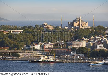 Hagia Sofia Mosque In Istambul Cityscape. Bosphorus Strait. Turkey