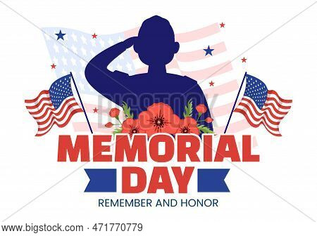 Memorial Day Illustration With American Flag, Remember And Honor To Meritorious Soldier In Flat Cart