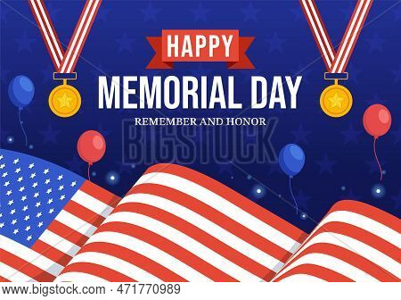 Memorial Day Illustration With American Flag, Remember And Honor To Meritorious Soldier In Flat Cart