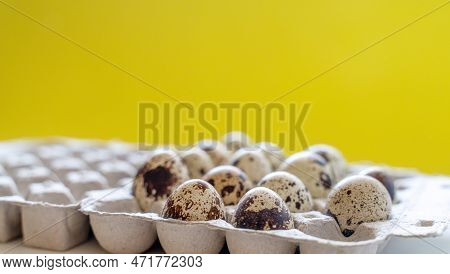 Spotted Quail Eggs In An Egg Box On A Yellow Background, Natural Eco Friendly Products.