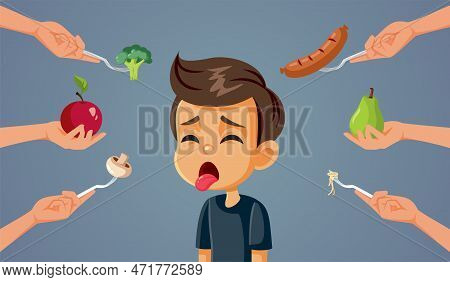 Picky Eater Feeling Sick Refusing All Foods Vector Cartoon