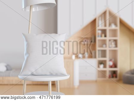 White Square Pillow In Kids Room. Blank Cushion Case Template For Your Graphic Design Presentation. 