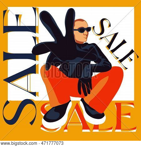 A Modern Fashionable Guy In Sneakers With A Big Hand. Discount, Black Friday Or Seasonal Sale, Promo
