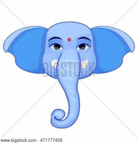 Little Cute Ganesh, Religious Traditional God Elephant Blue Color In Cartoon Character Isolated On W