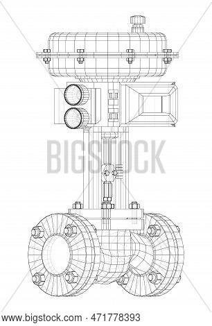 Valve With Automatic Electro-actuated. 3d Illustration. Wire-frame Style. Orthography Or Isometric