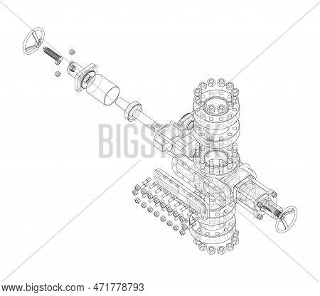 Blowout Preventer On White. 3d Illustration, Wire-frame Style, Orthography