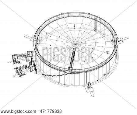 Large Oil Tank With Floating Roof. 3d Illustration. Wire-frame Style. Orthography
