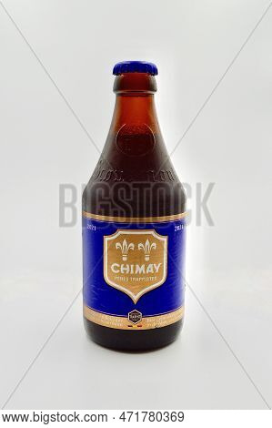 A Closeup Of A Bottle Of Blue Label Chimay Brown Ale Against A White Background. Blue Mountains, Nsw