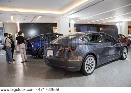 Bangkok, Thailand- 15 Feb, 2023: Tesla Electric Cars Display On The Showroom In The Shopping Mall, B