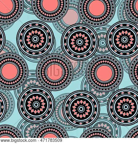 Seamless Pattern With Geometric Aboriginal Ornament. Ethnic Tribal Rounded Color Background. Afican,