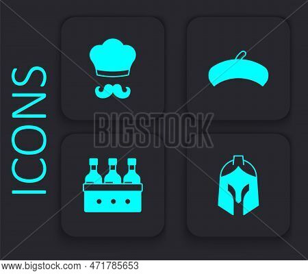 Set Roman Army Helmet, Italian Cook, French Beret And Bottles Of Wine Icon. Black Square Button. Vec