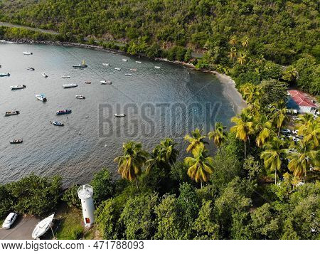 Guadeloupe Drone Point Of View. Fishing Harbor Bay Aerial View In Marigot.