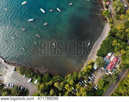 Guadeloupe Drone Point Of View. Harbor Bay Aerial View In Marigot.