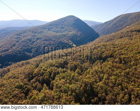Aerial View Of Izvor Reservoir At Konyavska Mountain, Bulgaria