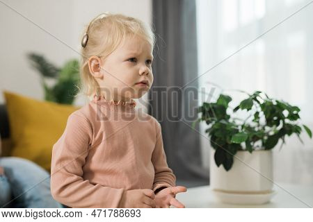 Deaf Child Girl With Cochlear Implant Studying To Hear Sounds Copy Space - Recovery After Cochlear I