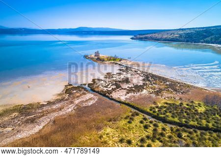 Small Island Church In Lagoon Near Posedarje Aerial View, Dalmatia Region Of Croatia