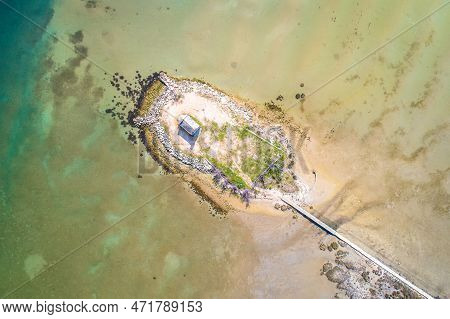 Small Island Church In Lagoon Near Posedarje Aerial View, Dalmatia Region Of Croatia