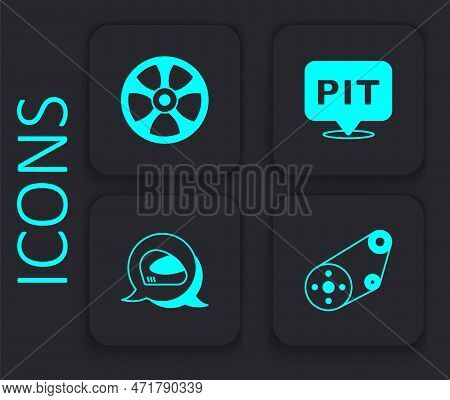 Set Timing Belt Kit, Alloy Wheel For Car, Pit Stop And Racing Helmet Icon. Black Square Button. Vect