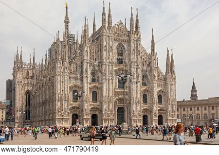 Milan, Italy - June 15, 2019: Crowd Of People In Front Of Duomo Di Milano Massive Gothic Cathedral I