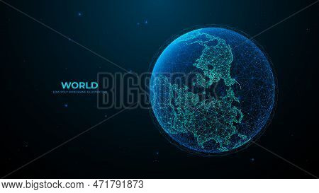 North Hemisphere. Abstract Digital Isolated Earth. Technology Polygonal Globe On Dark Background. Fu