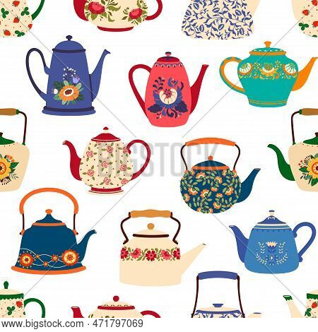 Cartoon Ceramic Teapots And Kettles Seamless Pattern. Vintage Kitchen Crockery Or Pottery Vector Bac