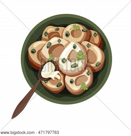 Belarusian Dish Dumplings In A Wooden Plate, With Parsley, Onion And Sour Cream, On A White Backgrou