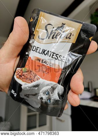 Paris, France - Sep 13, 2022: Pov Male Hand Holding Pouch With Sheba Wet Cat Food Jelly With Taste -