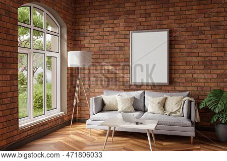 Cozy Living Room Interior In Room Corner; Sunlight Shining Trough Window; Floorlamp And Couch Table 