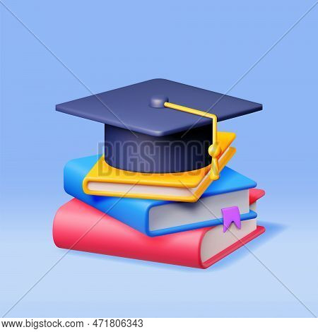 3d Graduation Cap And Stack Of Books Isolated. Render Graduation Hat And Textbook. Education Symbol.