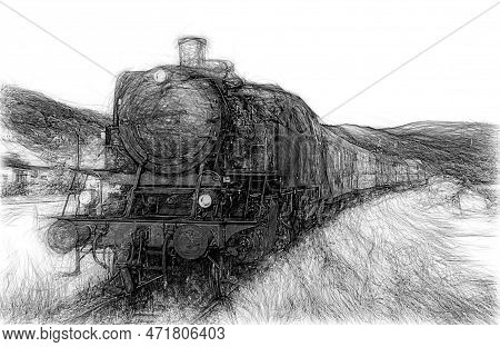 Sketch Drawing Old Vintage Train, Black And White Charcoal Painting Of Old Retro Train, Old Locomoti