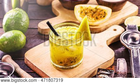 Brazilian Caipirinha, Brazilian Cocktail Made With Passion Fruit, Cachaça And Sugar. Caipirinha, Sug