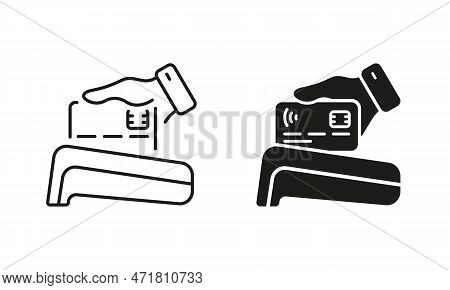 Cashless Payment Line And Silhouette Icon Set. Wireless Money Transaction On Pos Pictogram. Electron