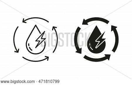 Renewable Hydropower, Waterdrop With Lightning And Arrows Line And Silhouette Icon Set. Hydroelectri