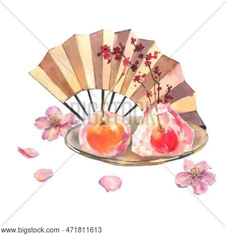 Watercolor Japanese Desert Cherry Jelly On Glass Plate And Japanese Fan With Flowers Sakura, Isolate