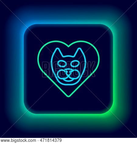Glowing Neon Line Heart With Cat Icon Isolated On Black Background. Love To The Animals. Colorful Ou