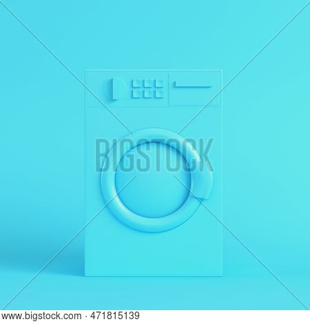Washing Mashine On Bright Blue Background In Pastel Colors. Minimalism Concept. 3d Render