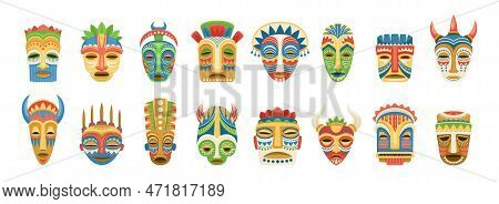 Set Of Ritual Tribal Masks. Ceremonial Accessories Of Aztec Or African Culture In Form Of Animal Muz