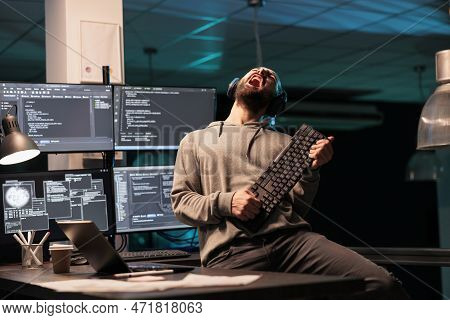 Database Programmer Playing Guitar With Keyboard, Writing Code With Cloud Computing And Programming 