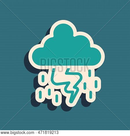 Green Storm Icon Isolated On Green Background. Cloud And Lightning Sign. Weather Icon Of Storm. Long