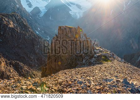 Sunny Mountain View From Cliff At Very High Altitude. Scenic Alpine Landscape With Beautiful Sharp R
