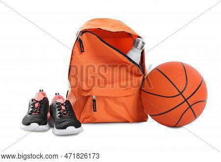 Backpack With Sports Equipment On White Background