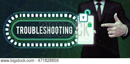Sign Displaying Troubleshooting. Conceptual Photo An Act Of Investigating Or Dealing With In The Pro