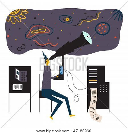 Scienziato Esplora l'universo attraverso un telescopio. Illustrazione vettoriale