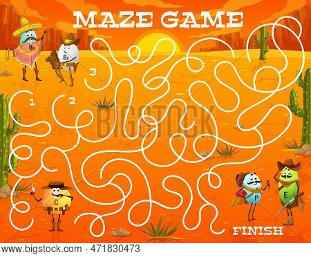 Labyrinth Maze, Cartoon Vitamins Help Sheriff And Cowboy To Catch Bandits, Vector Quiz Game. Vitamin