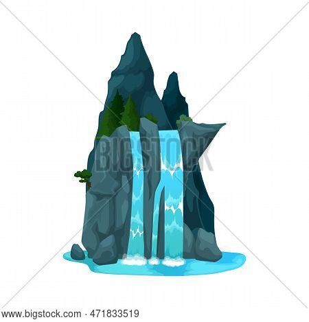 Cartoon Waterfall, Water Cascade Or Mountain River Streams With Splashes And Stone Hill. Vector Natu