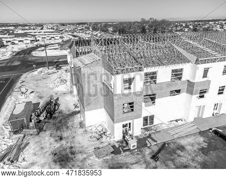 Aerial Drone View Of A Multifamily Apartment Complex Under Construction.